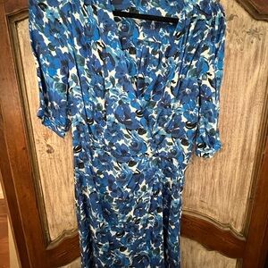 Blue Midi Dress with Ruched Wrap and Puff Sleeves